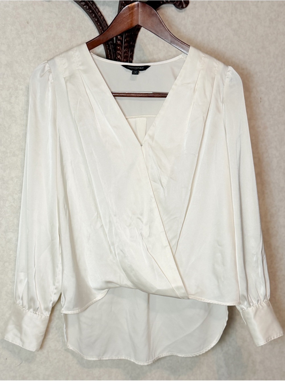 Banana Republic Ivory Wrap-Front Blouse Quiet Luxury Satin Classic Elegant